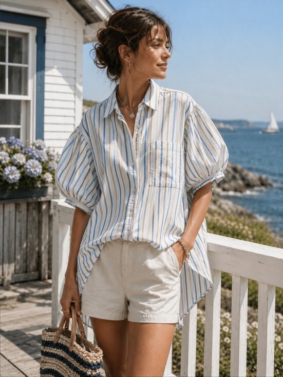 Pilcro Tops - Pilcro Striped Oversized Puff Sleeves High Low Button Up Lightweight Top Size M